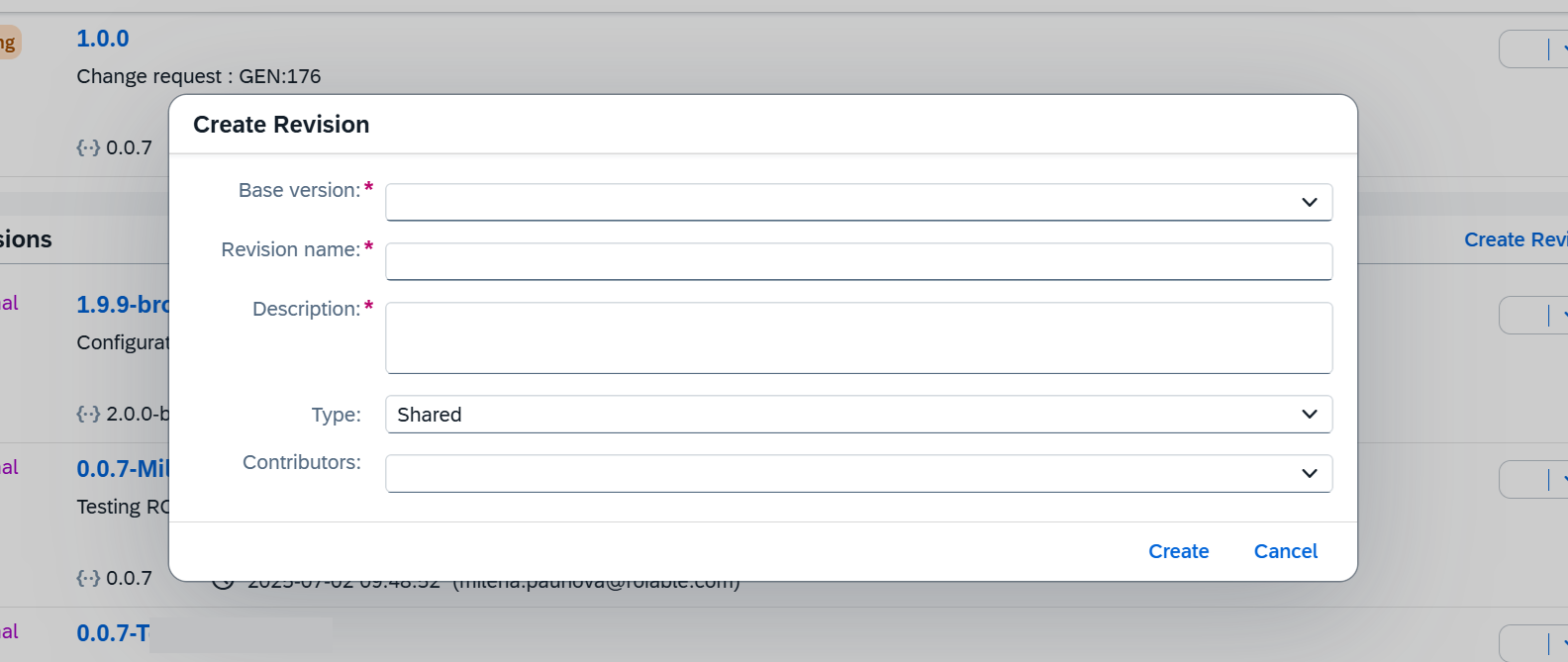 Create Revision Dialog with Contributors