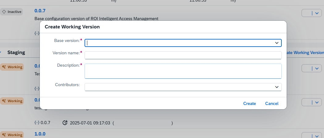 Create Working Version Dialog