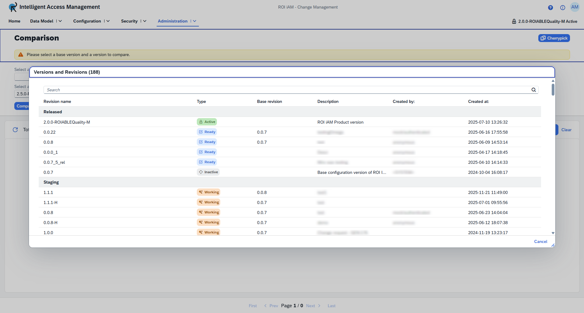 Select a version dialog